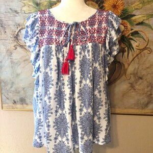 Sz XL Anthropologie THML Blue & White with Pink Tassels Flutter Sleeve S…